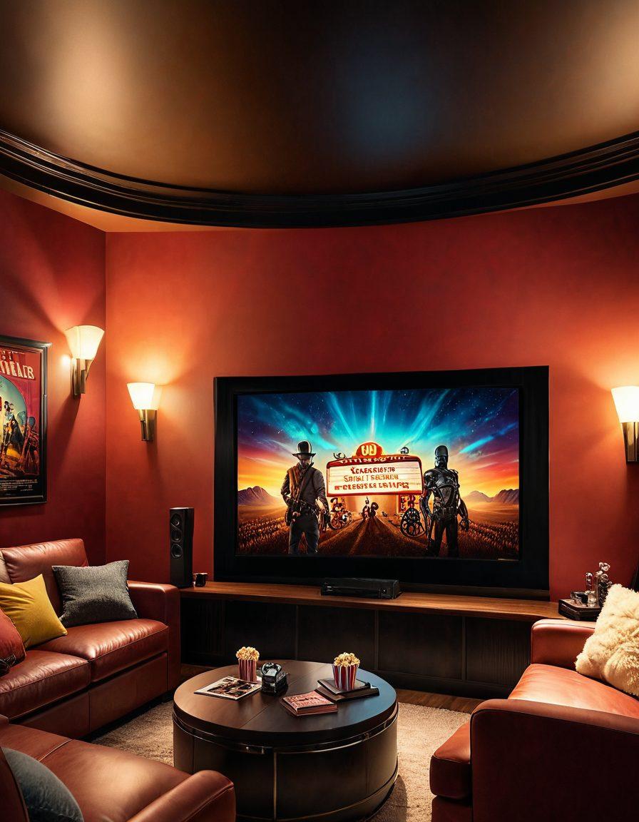 A cinematic scene featuring a cozy home theater filled with plush seating, a large screen displaying a vibrant movie trailer. Surround the space with vintage film posters and shelves filled with DVDs, popcorn bowls, and a glowing film reel. Light the room with a cinematic ambiance, as if a movie night is about to begin, inviting the viewer to dive into the world of cinema. super-realistic. warm colors. cinematic lighting.