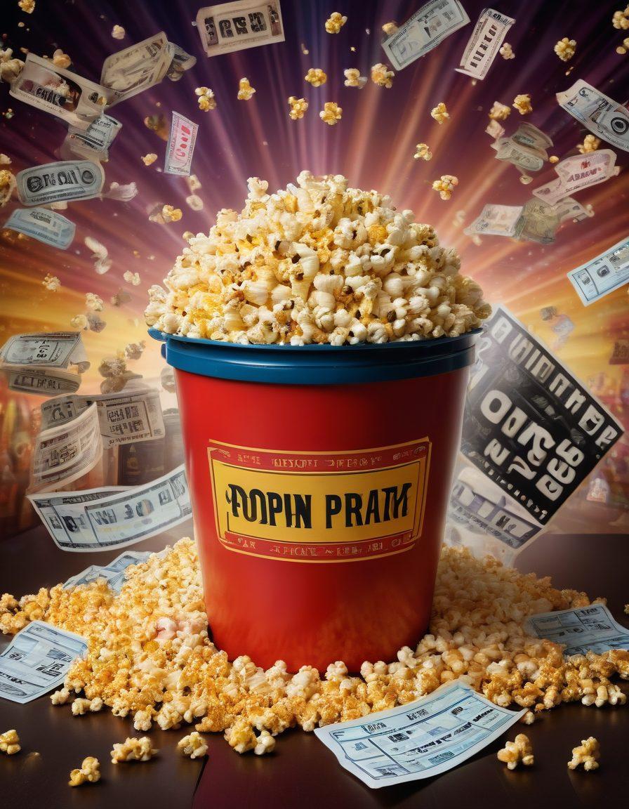 A cinematic collage showcasing a vintage film reel, scattered movie tickets, and a large popcorn bucket. In the background, a vibrant movie theater displaying current trailers on screen, with people engaged and excited. Overlay elements like film festival awards and social media icons to emphasize community engagement in film reviews. Use rich colors to highlight the excitement of film events. super-realistic. vibrant colors. 3D.