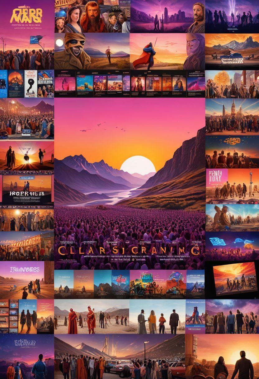 A vibrant collage depicting the journey of film, showcasing an indie film festival scene on one side with colorful film posters and a small audience, transitioning to a massive cinema screen with excited crowds on the other. Incorporate classic film reels, popcorn, and a bright sunset sky that blends different colors symbolizing the spectrum of creativity. Include diverse film genres represented by iconic symbols like a clapperboard and a superhero emblem. super-realistic. vibrant colors. 3D.